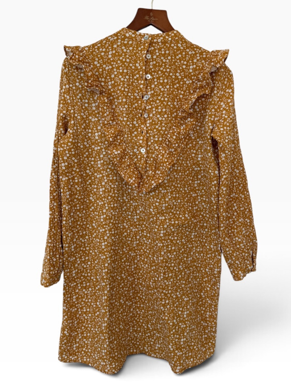 Rylee + Cru Mustard Floral Ruffle-Back Long Sleeve Dress Sz M - Picture 2 of 6